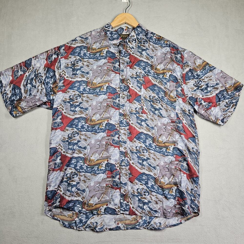 Vintage Pure Silk Shirt Mens Large Nautical Boating Ship Captian Blue Cruise AOP - Picture 2 of 11